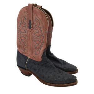 Tony Lama Western Boots Womens 9 B Pink Denim Blue Quill Ostrich Leather Vintage